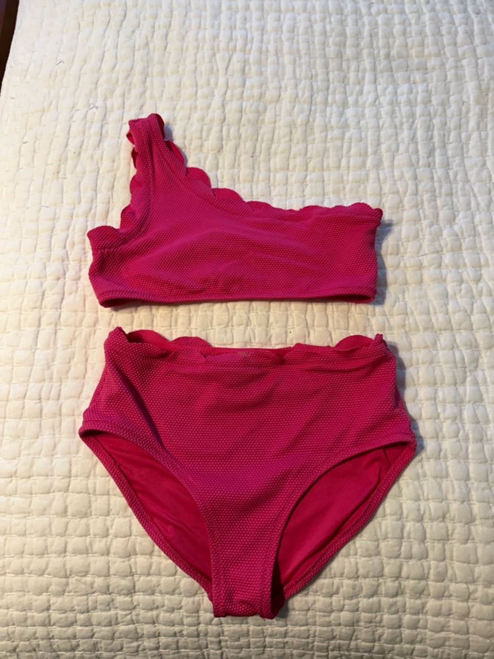 Hot Pink Scalloped One-Shoulder Girls Bikini Set
